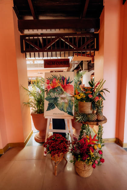Signage and Floral detail — Welcome Lunch decor — ITC Grand Goa